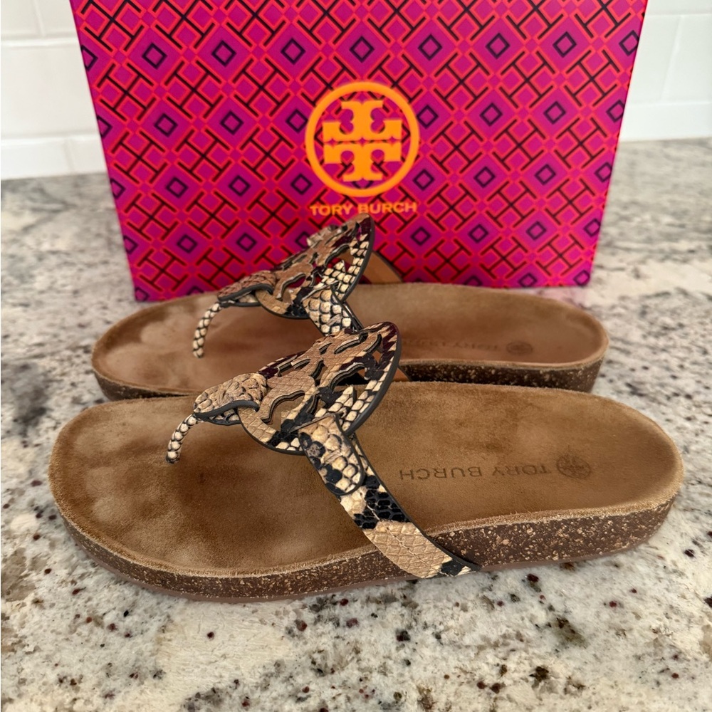 Tory Burch Miller Cloud Brown Snake Pattern Slides
